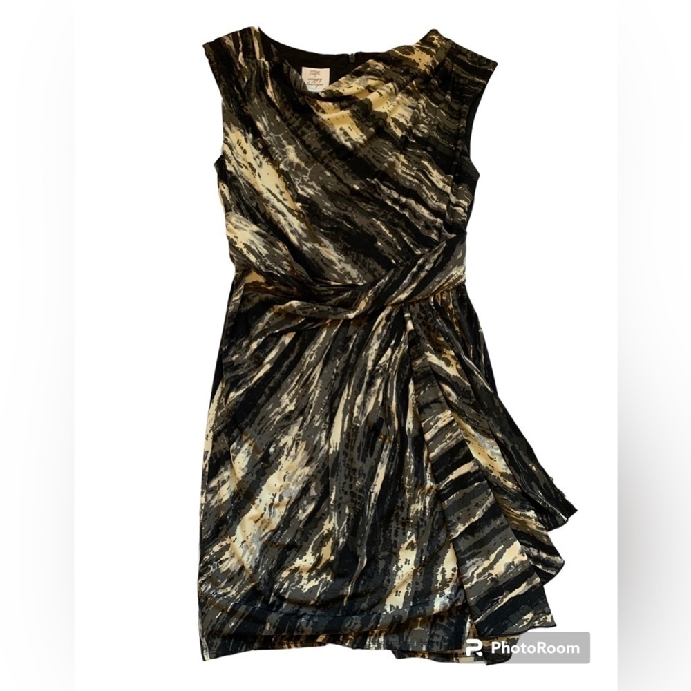Black and White Abstract Print Sleeveless Gathered Waist Dress 6P